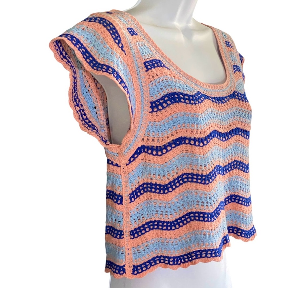 Rebellion Crochet Crop Top M Open Knit Flutter Sleeve Striped Boho Beach Mermaid - Picture 6 of 9